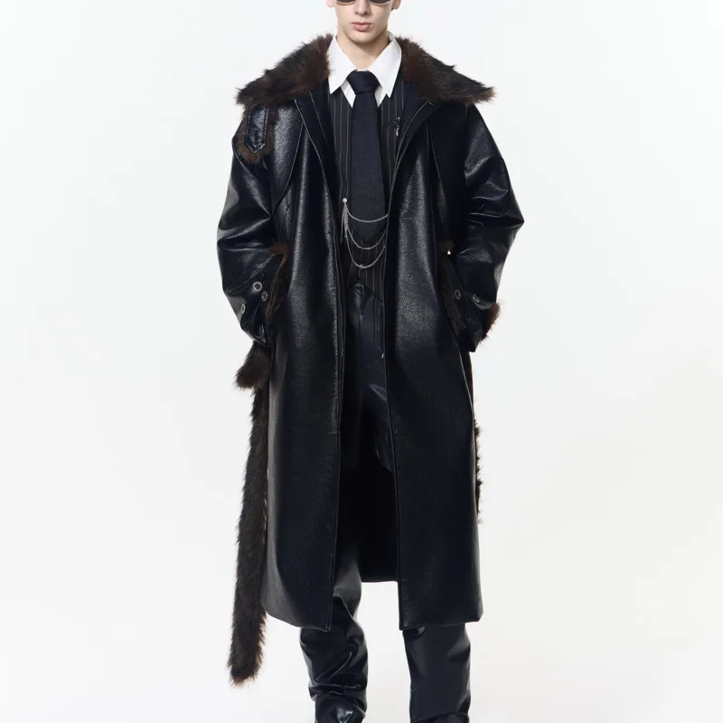 WVGA Winter New Man Tide Long Over-the-Knee High-End Cracked Fur CoatS Niche Chic Casual Turn-Down Collar Jackets Ins YK2 W14971