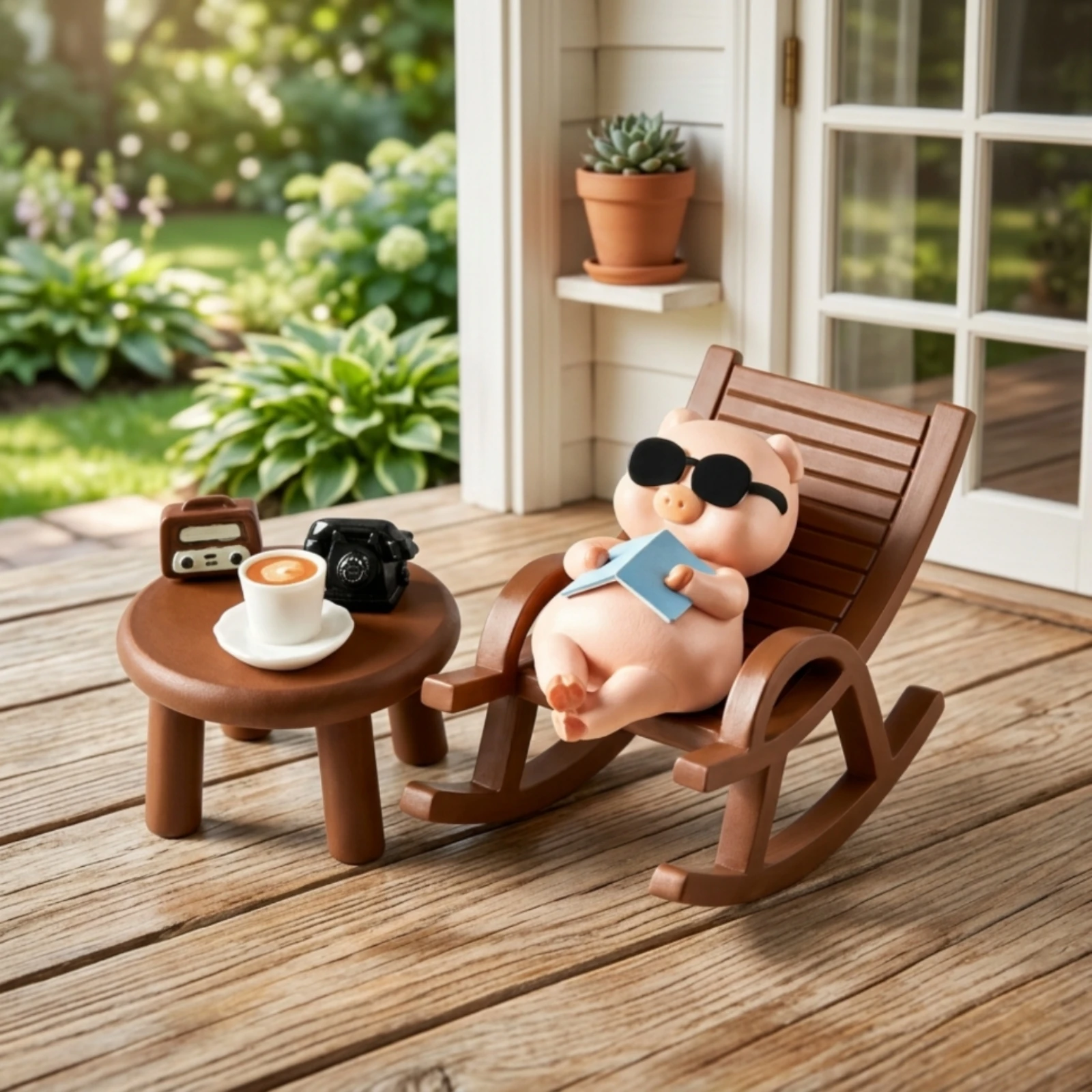 6 Pieces Resin Pig Statue with Table Whimsical Pig Figurine with Rocking Chair Piggy Resin Art Ornament Cute for Collectors