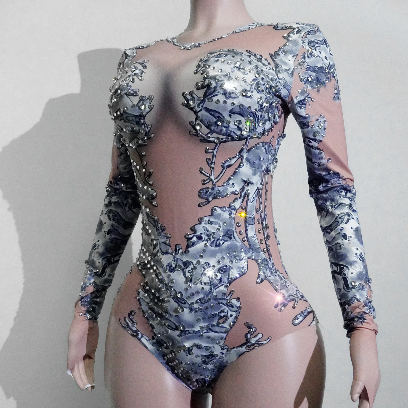 Funkelnder silberner Strass-Body, große Party, Nachtclub, Abschlussball, Bar, Konzert-Outfits, Bühnensängerin, Show, Tanztrikot, Queen Wear