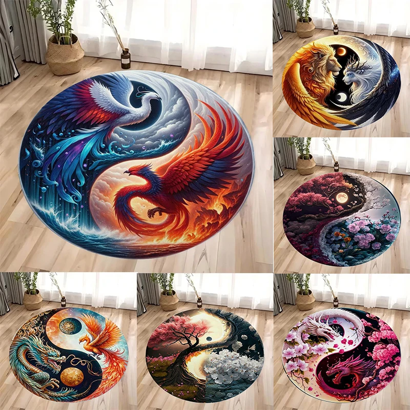 Yin Yang Mythische Kreaturen Muster Runde Fußmatte Lebendige Drachen und glückverheißende Tiere Rutschfeste Bodenmatte für Heimdekoration