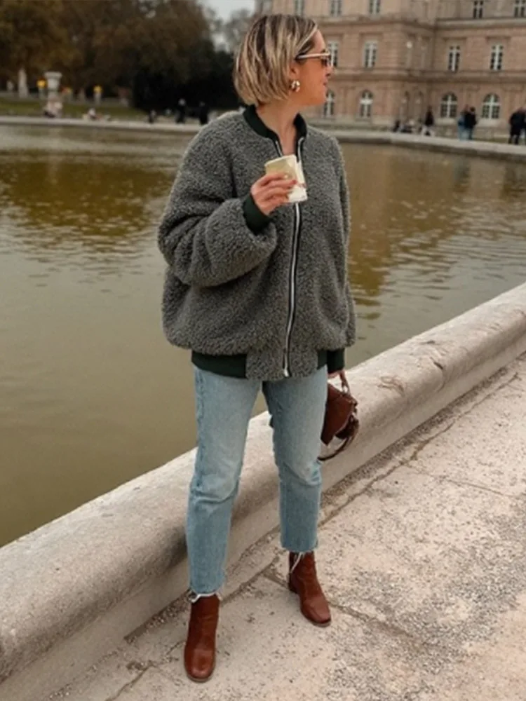 

Fashion Fleece Zipper Thick Coat Women Stand Collar Lantern Sleeve Female Jacket 2025 Autumn Winter Casual New Lady Outerwear