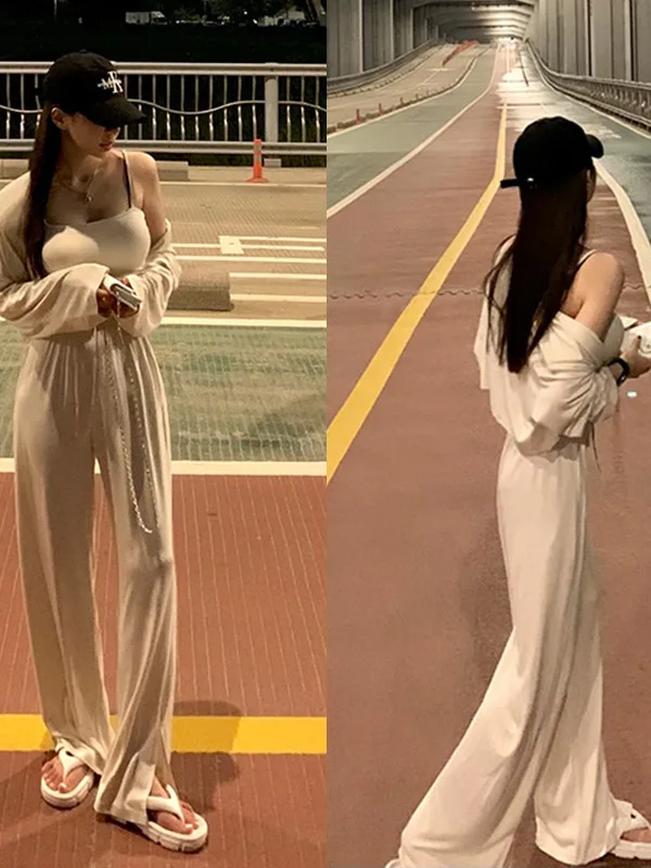 Women's Fashionable Knitted Set Vest Cardigan Outerwear Drapey Pants Autumn Straight Leg Trousers Combo Commute Style