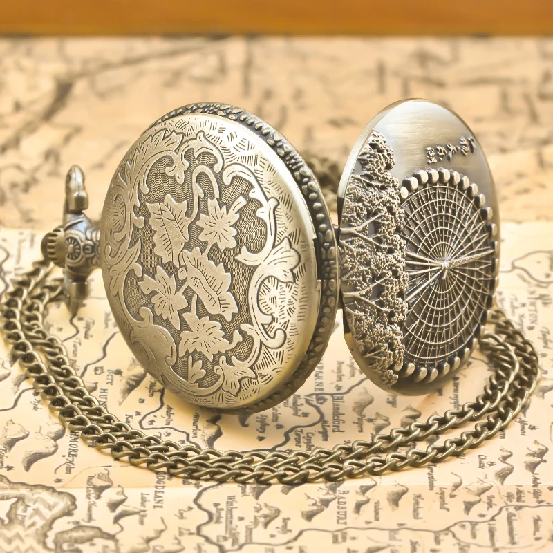 خمر البرونزية Steampunk دُولابٌ دَوّار منحوتة ساعة جيب كوارتز قلادة قلادة ساعة سلسلة الرجال سلسلة نسائية هدية