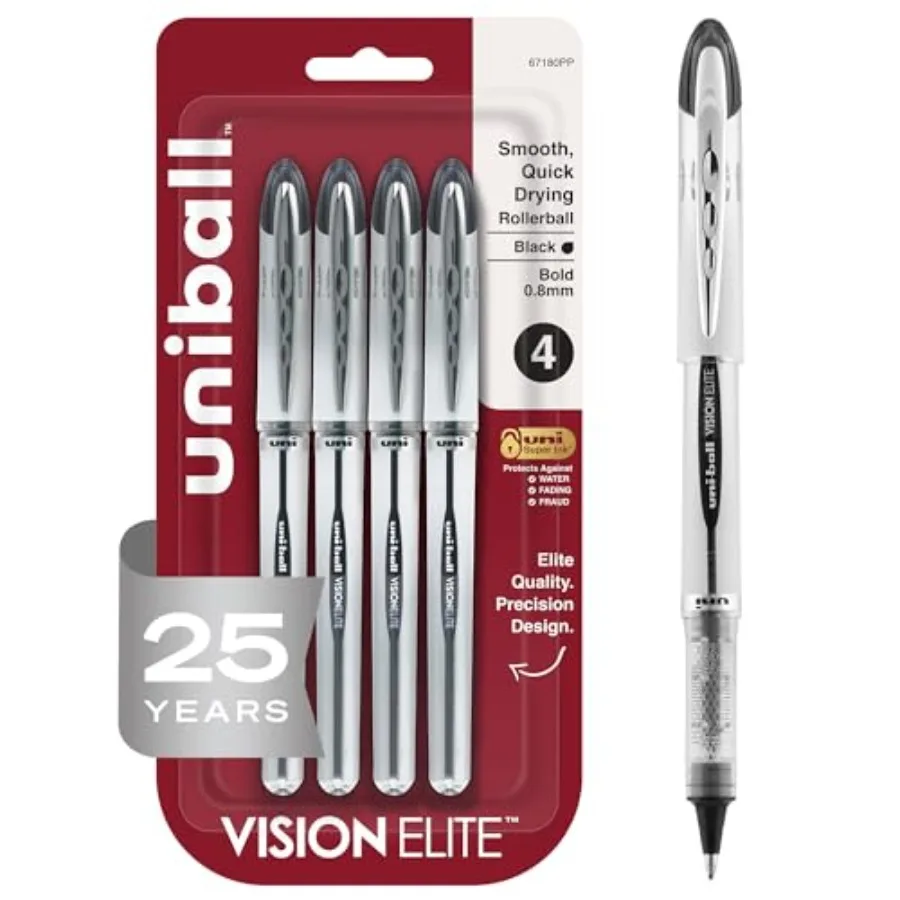 

uniball Vision Elite Rollerball Pens, Bold Point 0.8mm,Black, 4 Pack