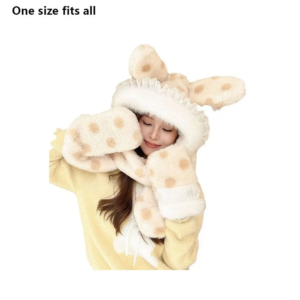 Cute Plush Plush Hat Three-piece Set Windproof Winter Scarf Warm Rabbit Ears Versatile Hat Winter