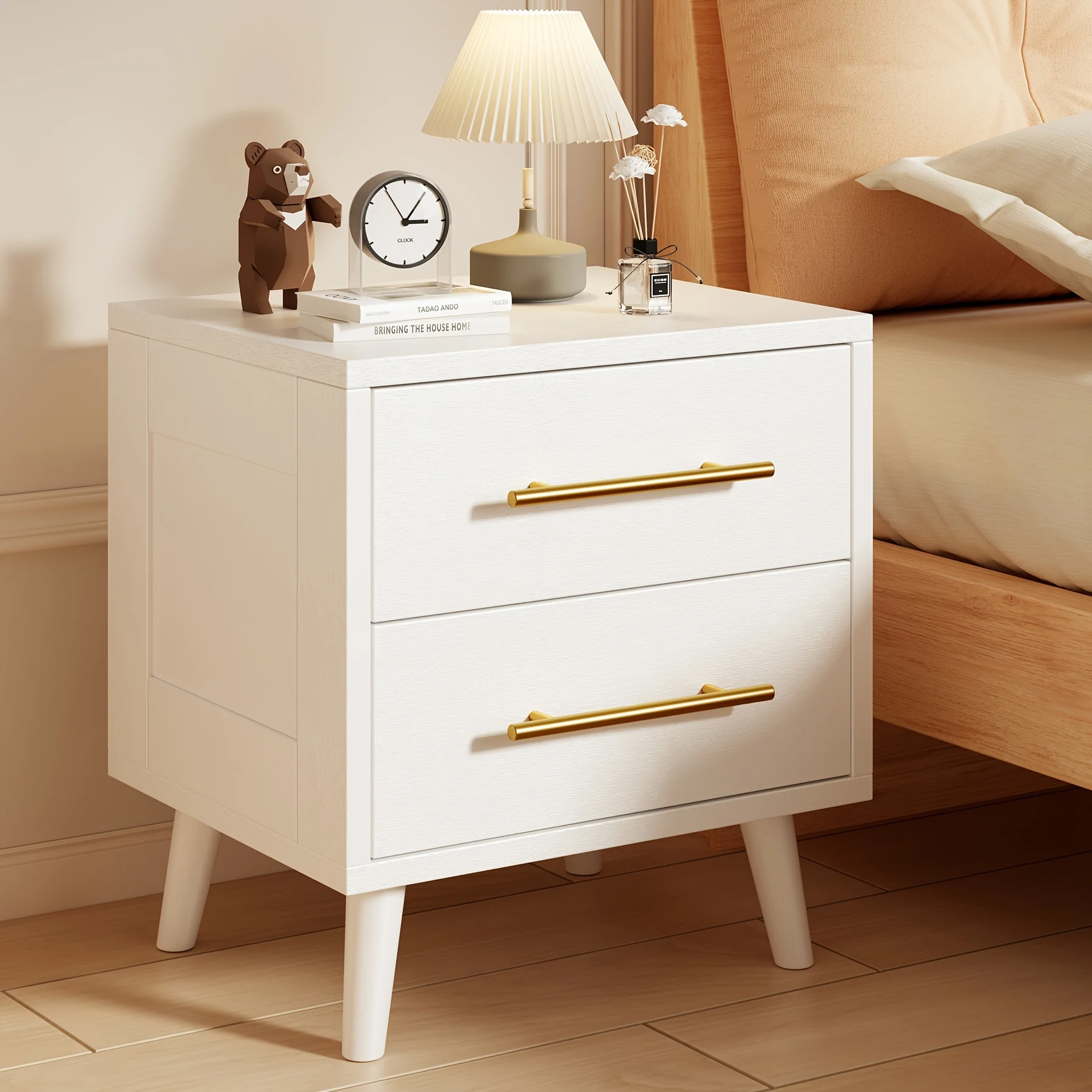 

Modern Wooden White Bedside Table With 2 Drawers Storage Cabinet With Metal Handles For Bedrooms Living Rooms And Offices