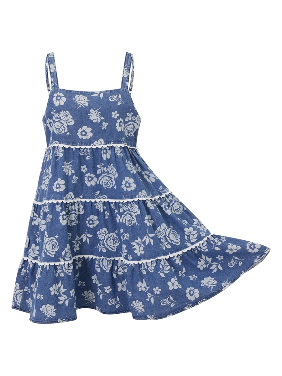 Women s Summer Denim Cami Dress Floral Print Sleeveless Square Neck Backless Mini A Line Dress