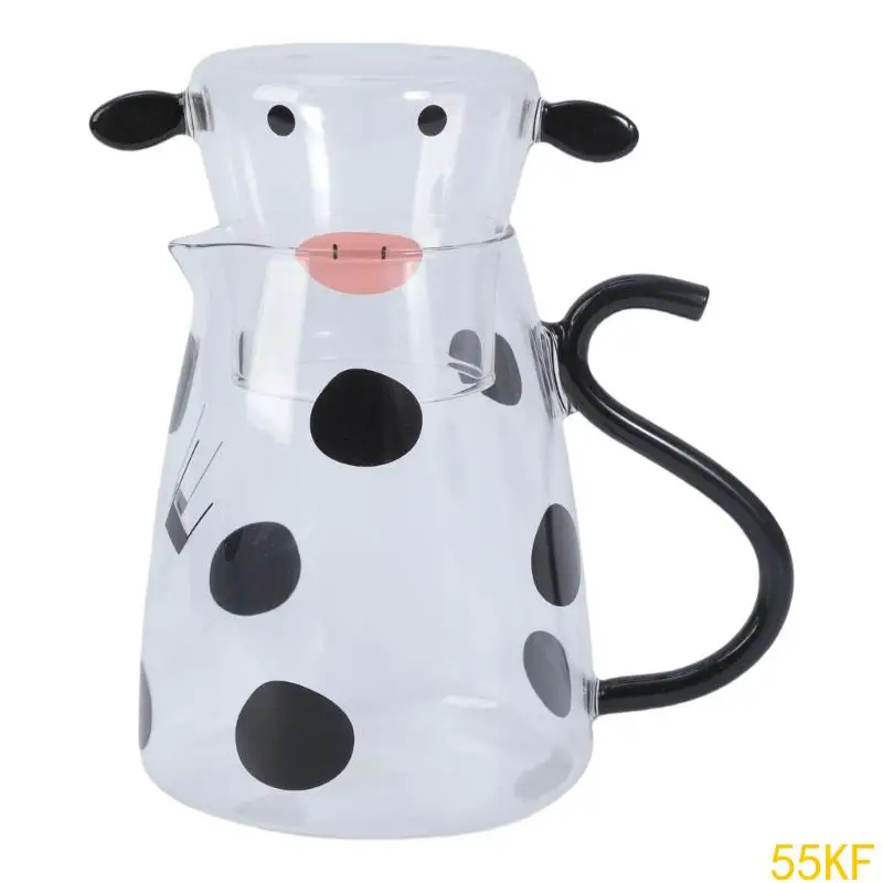 

55KF Cow Themed Water Pitcher and Cup for Bedsides Table Decoration Beverage Glass High Borosilicate Glass Milk Carafe