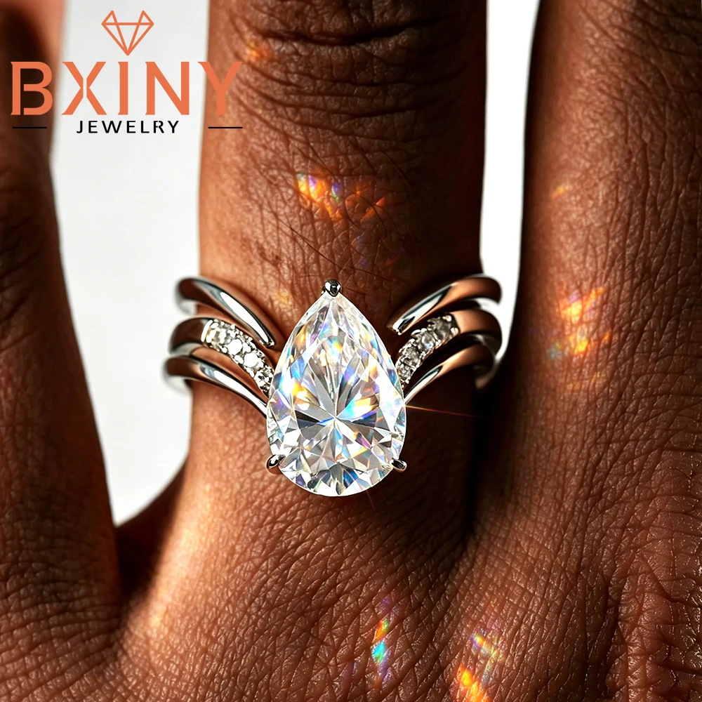 

Комплект колец BXINY 4CT с муассанитом грушевидной огранки, из стерлингового серебра 925 пробы, для женщин, с бриллиантами в форме капли, обручальные кольца, подарки, ювелирные изделия