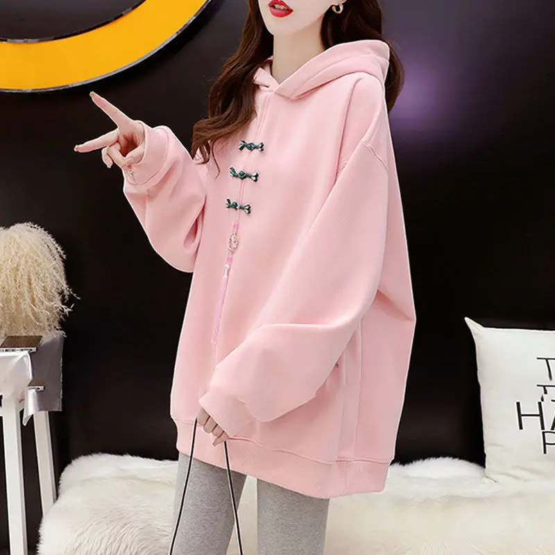 Chinese Style Elegant Embroidered Fleece Hoodies Women Autumn Winter Fashion Buttons Solid Color Coat All-match Temperament Tops