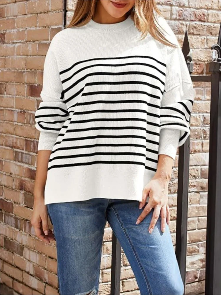 

Korean Style Striped Knitted Women's Sweater O Neck Long Sleeve Knitwear Loose Pullover Autumn Winter Women Fashion Sweaters Top