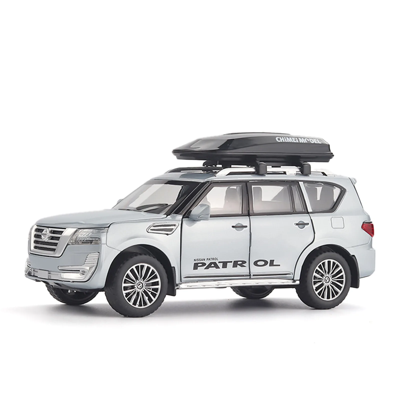 1/32 patrulha y62 liga fundida miniatur modelo de carro metal suv veículo off road com rack viagem luz puxar para trás brinquedos carros crianças