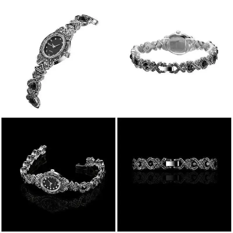 Vintage Women Rhinestone Quartz Watch Carved Alloy Band Bracelet Wristwatch Retro Crystal Clocks Gifts