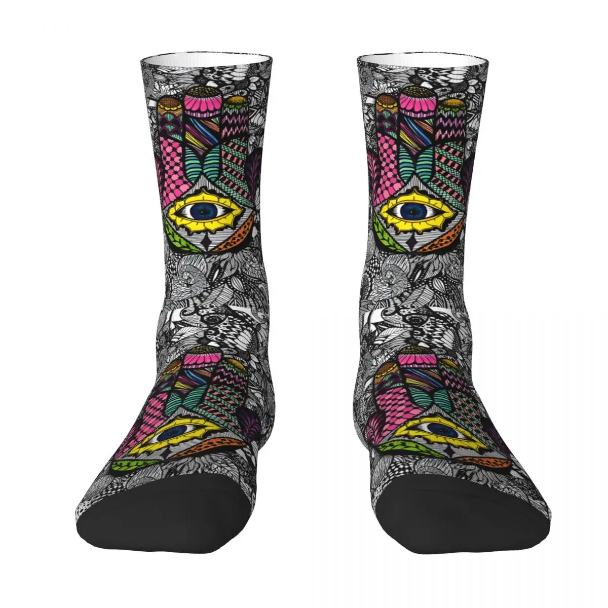 Funny Men's Socks Colorful Hand Drawn Hamsa Hand Retro Street Style Crazy Crew Sock Gift Pattern Printed