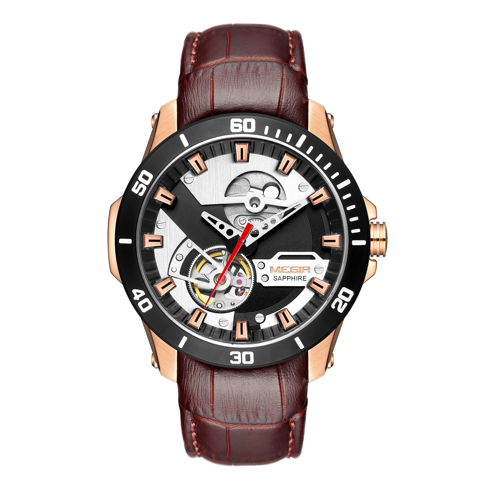 MEGIR Fashion Leather Watches for Men Sapphire Stainless Steel Automatic Mechanical Watch Sports Clock Montre Homme 62069