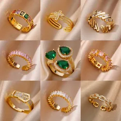 Vintage Zircon Rings for Women Stainless Steel Gold Color Adjustable Ring Female Aesthetic Luxury Romantic Couples Jewelry Gifts