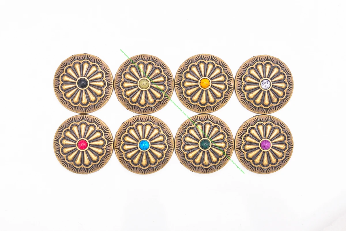 DW2313 10pcs Vintage Brass Indian Flower Art Blue Turquoise Concho For Leathercraft Belt Cowboy Hardware Accessories Decor