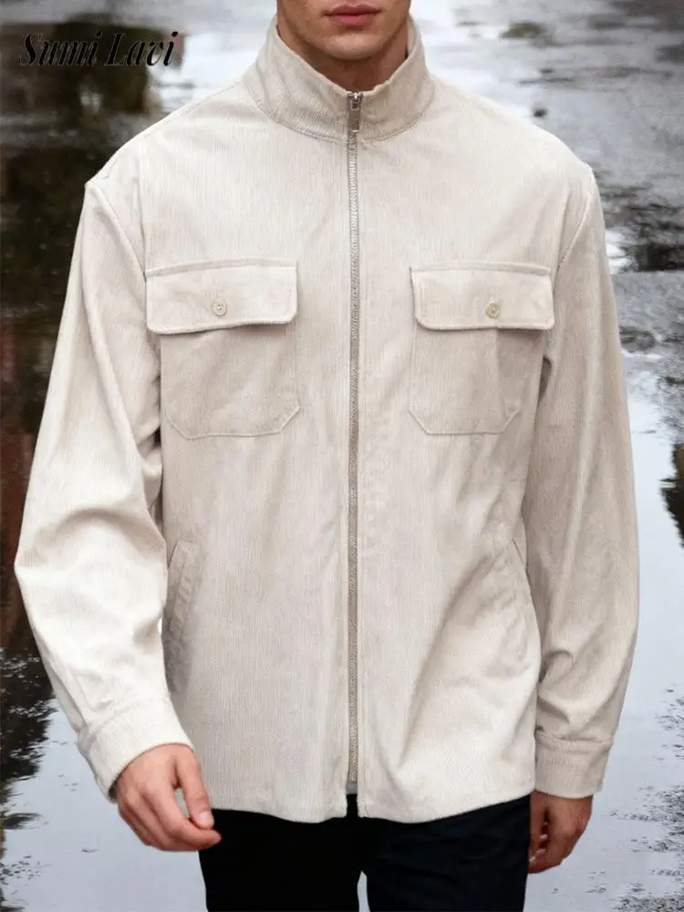 

Fashion Solid Color Outerwear Men Spring Fall Vintage Stand Collar Zipper Corduroy Coat Mens Stylish Long Sleeve Cardigan Tops