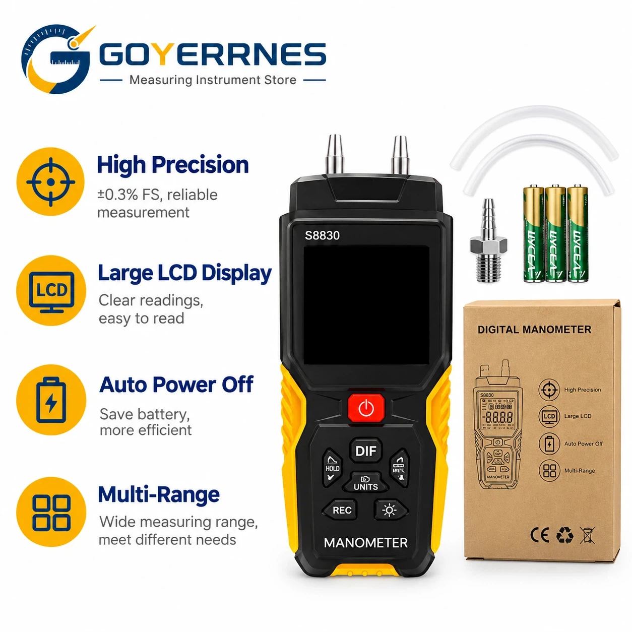 Digital Manometer Pressure Gauge Tester 36.80kPa 12 Units 99 Data Storage for HVAC Gas Pipeline Industrial Maintenance