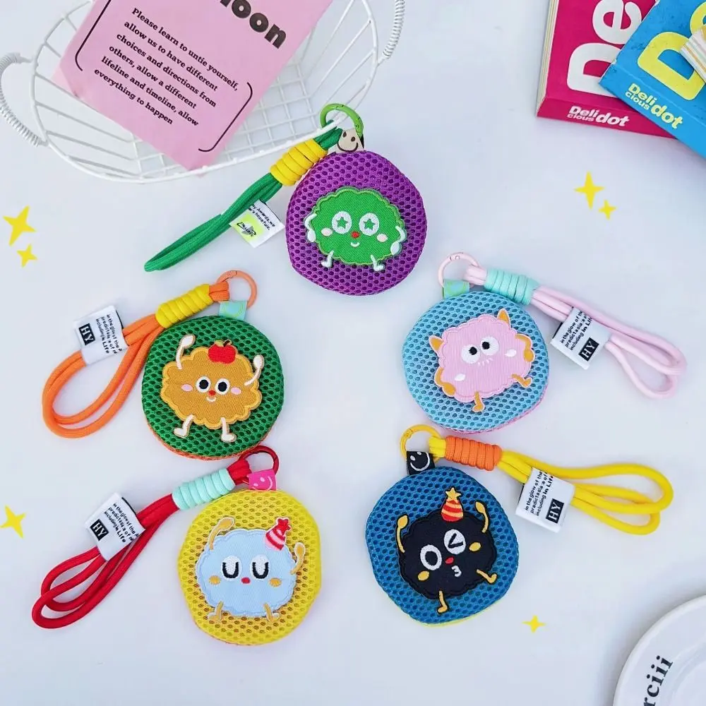 

Portable Mini Mesh Pouch Keychain Cute Breathable Cartoon Coin Purse Round with Handle Rope Headphones Organizer Keys