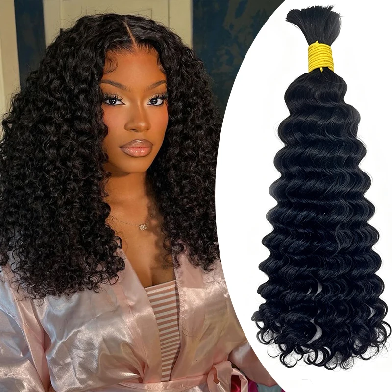 Deep Wave Human Braiding Hair for Boho Braids 100G No Weft Virgin Human Hair Bulk Human Hair for Braiding Natural Color 16-24inch