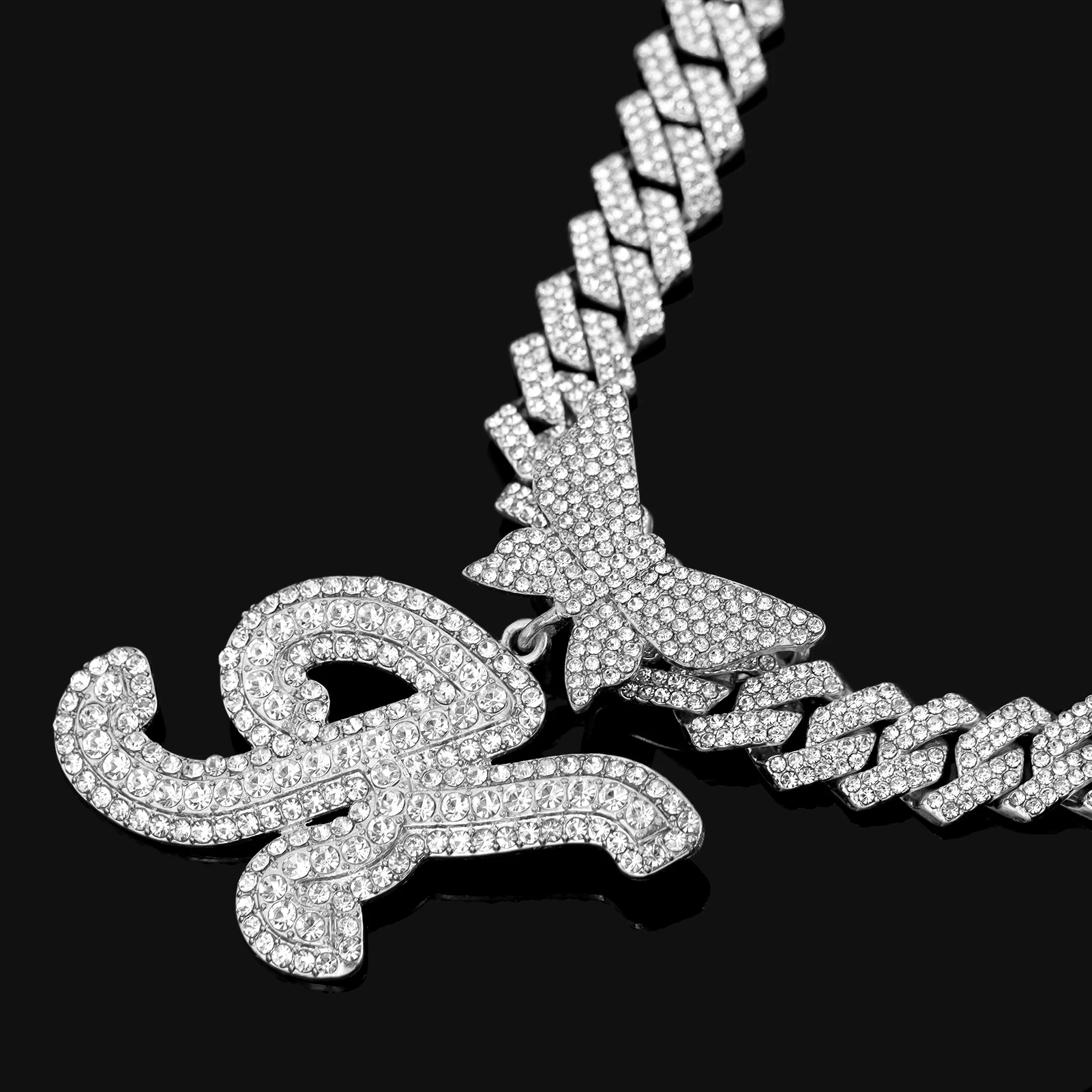 2023 Silver Color Prong Miami Cuban Chain Necklace Punk Crystal Butterfly Cursive Letter Cuban Necklace Hip Hop Jewelry Gifts