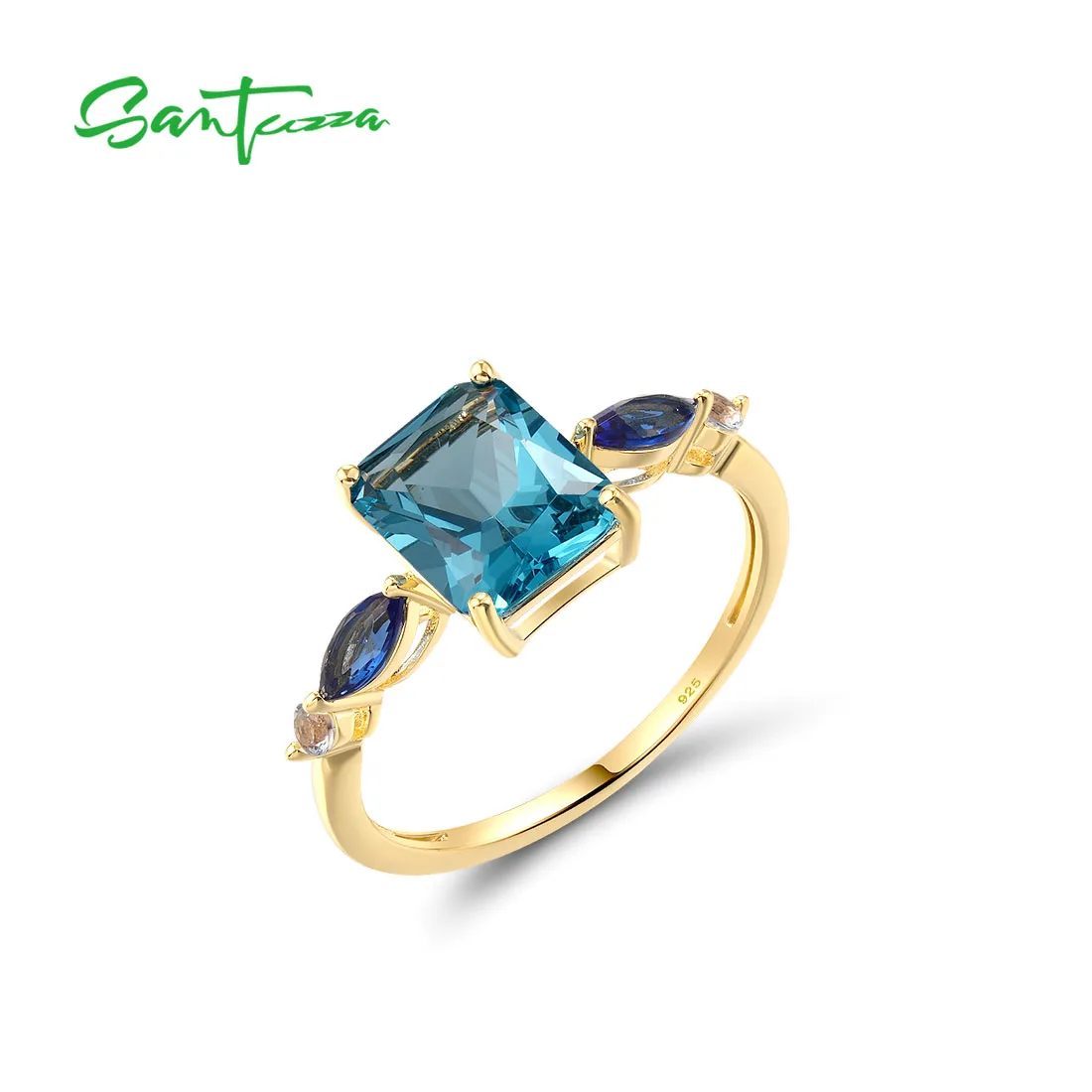 SANTUZZA Authentic 925 Sterling Silver Ring For Women Sparkling Synthetic Blue Spinel Modern Style Birthday Gifts Fine Jewelry