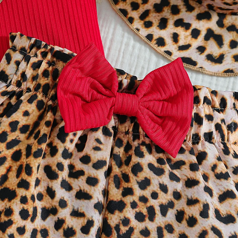 Red Heart Leopard Print Girls Vest and Bow Shorts Set with Hat Suitable for Summer Vacation