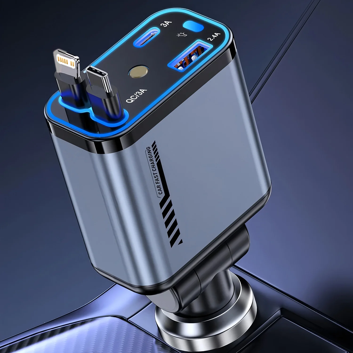 4 IN 1 einziehbares Autoladegerät USB Typ C Kabel für IPhone Huawei Samsung Schnellladekabel Zigarettenanzünder-Adapter