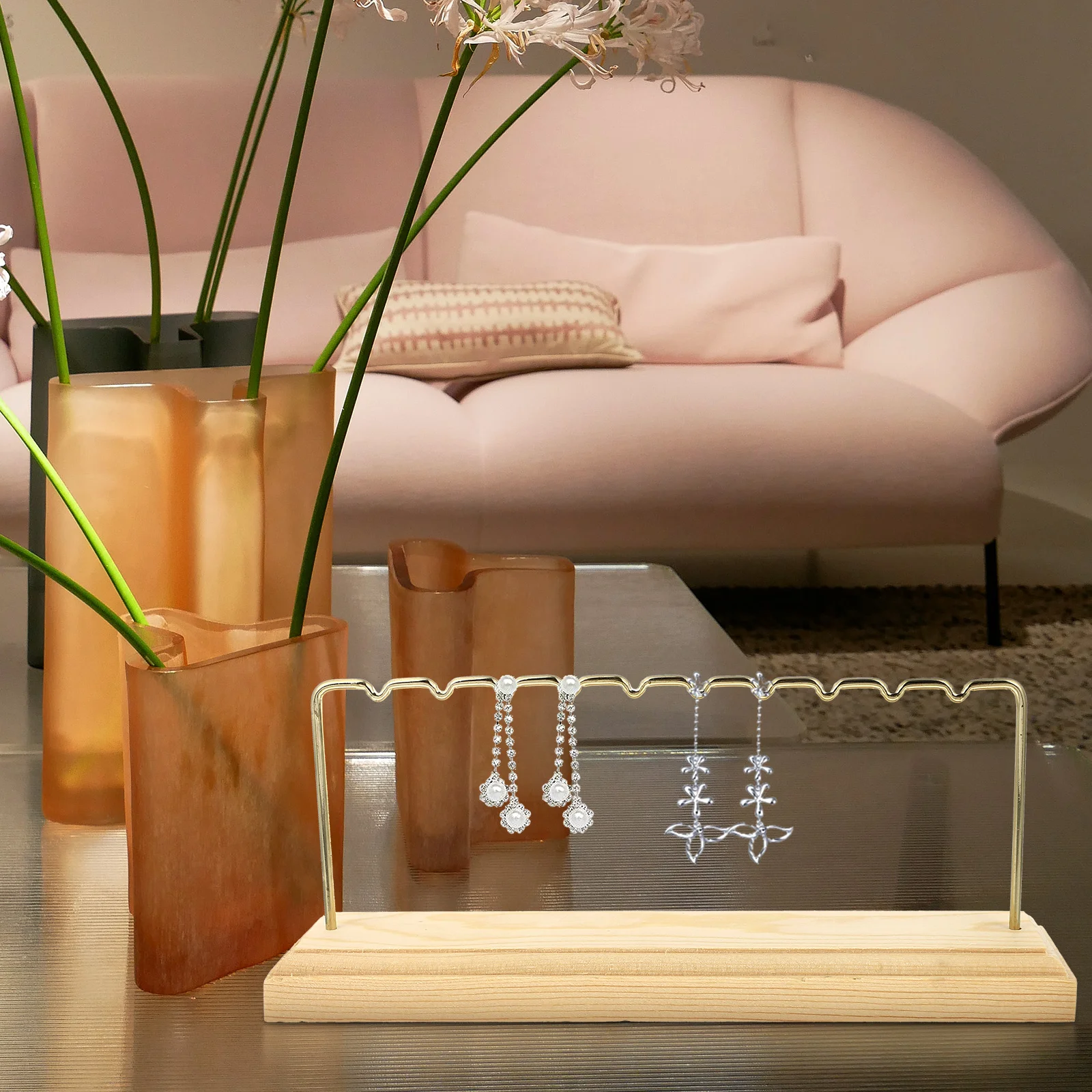 

Earring Display Jewelry Holder ganizer Golden Necklace Rack Wood Earring Holder Storage Solution Decor
