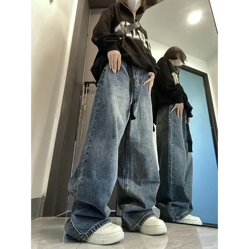 Blue High Waisted Jeans Y2K Loose Wide Leg Jeans Women Fashion Women Clothing Straight Leg Denim Pants Trousers Jean With Belt