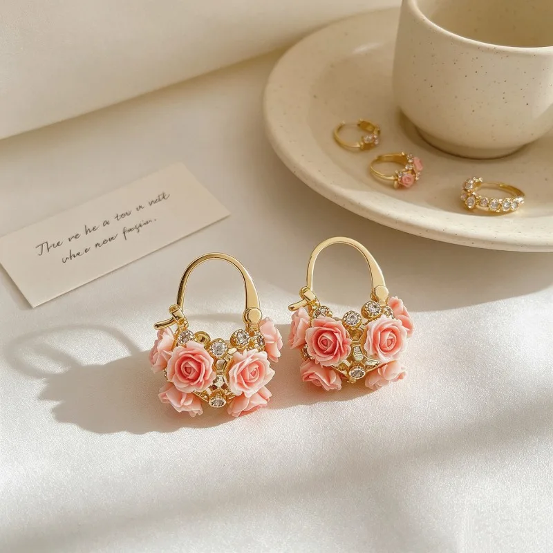 Floral Basket Earrings for Women Pink Acylic Elegant Dainty Flower Design Drop Earrings Wedding Romantic Everyday Jewelry