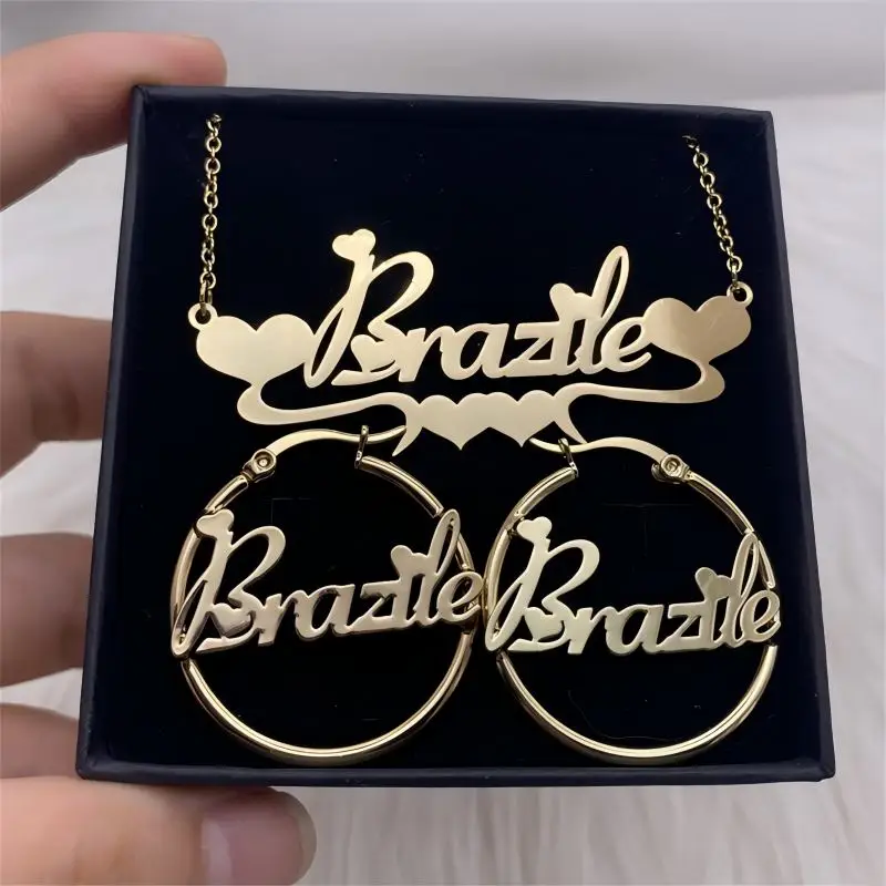 

Personalized Custom Name Hoop Earrings Necklace Stainless Steel Round Earrings Necklace for Women Kid Jewelry Set Christmas Gift