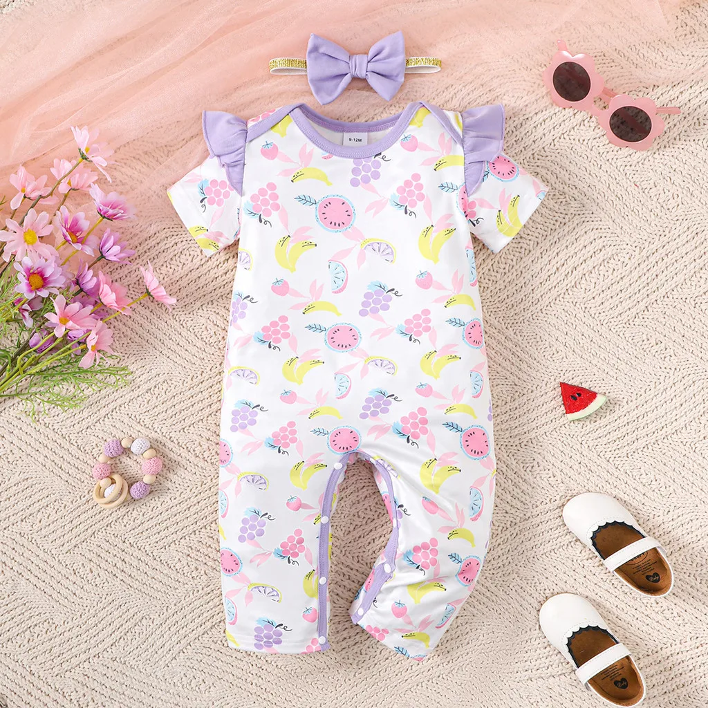 Bodysuit for Newborn Baby Girl 0-18Months 2PCS Fruit Print Pattern Romper Infant Girl Summer Short Sleeved Comfortable Jumpsuit