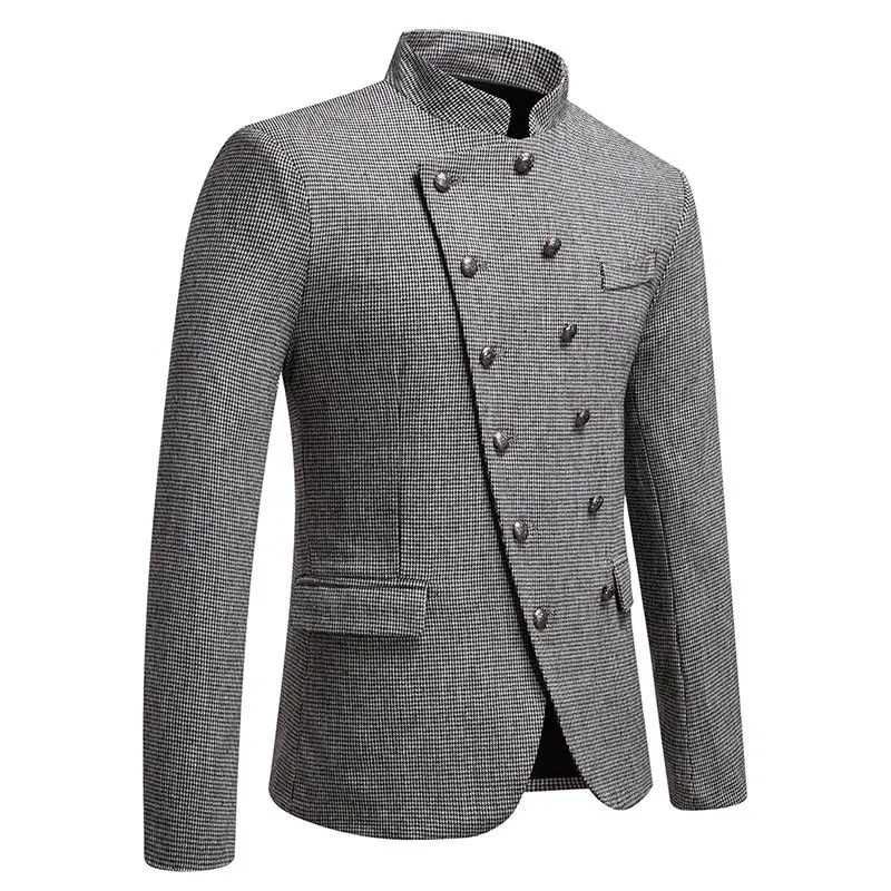 Mens Oblique Placket Double Breasted Blazer Masculino Vintage Designer Business Slim Suits Jackets Costumes Man Formal Uniform