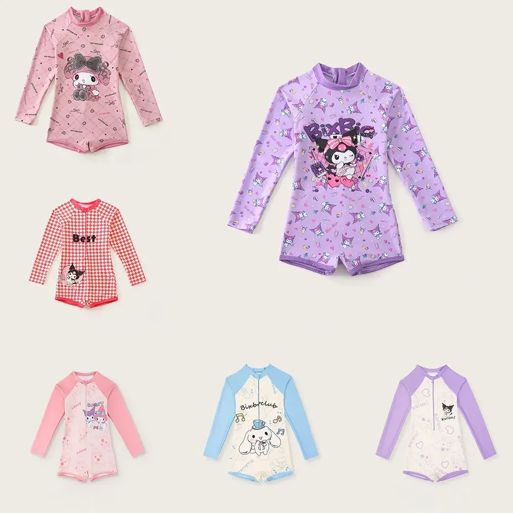 Sanrio Kuromi Melody Cinnamoroll Print Swimsuit One Piece Swimwear Long Sleeve Beach Bathing Suits Girls Beachwear for Kids