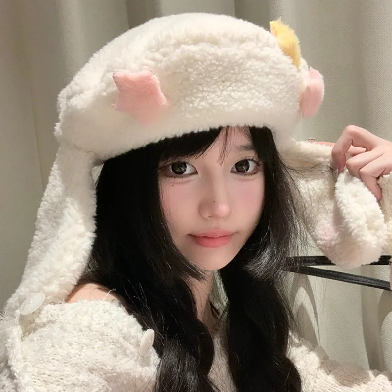 Japanese Cute Lamb Wool Star Decoration Long Rabbit Ear Beret Women\'s Autumn and Winter Warm Sweet Versatile Fashion Painter Hat