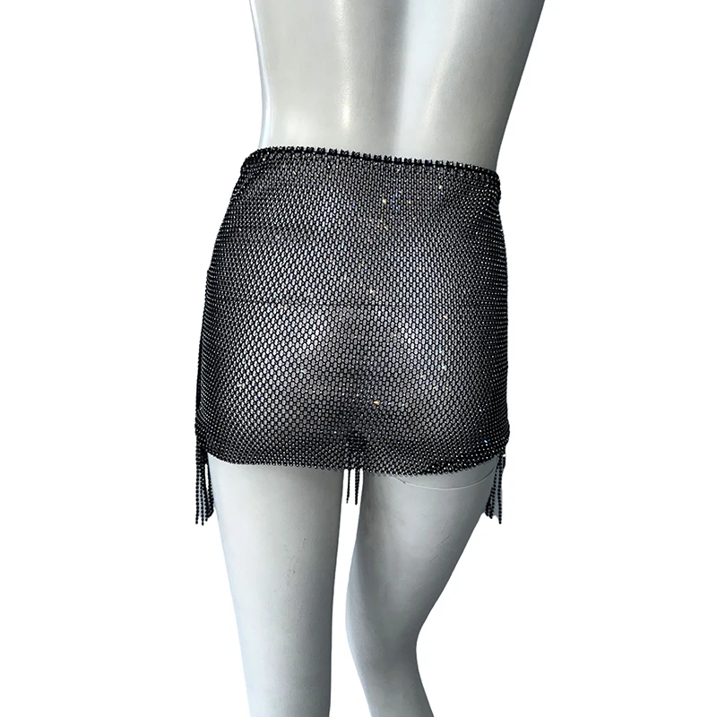 Frauen Sexy Hohl Durchsichtig Rock Glänzenden Strass Quaste Elastische Taille Mini Rock Rave Festival Nachtclub Rock