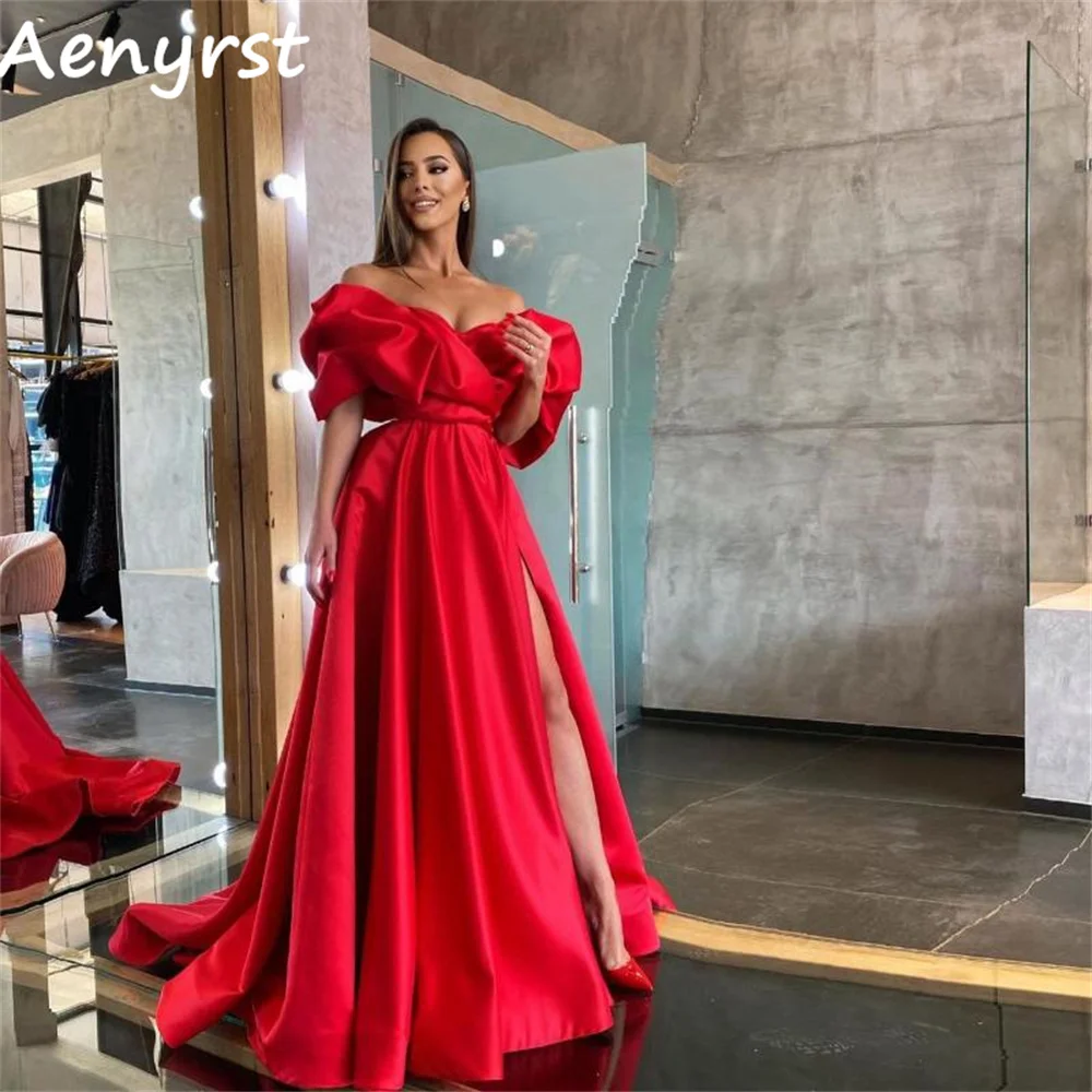 

Aenryst Red A Line Off Shoulder Ruffles Prom Dresses Satin Side Split Back Strap Evening Dress Court Train Christmas Party Gowns