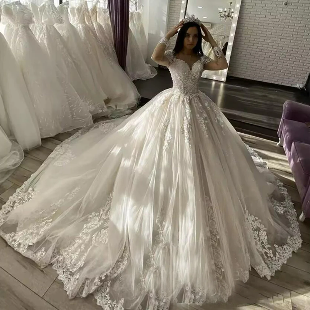 Princesa romântica vestido de baile vestidos de casamento mangas compridas apliques frisado o pescoço vestidos de noiva personalizado vestido de noivado