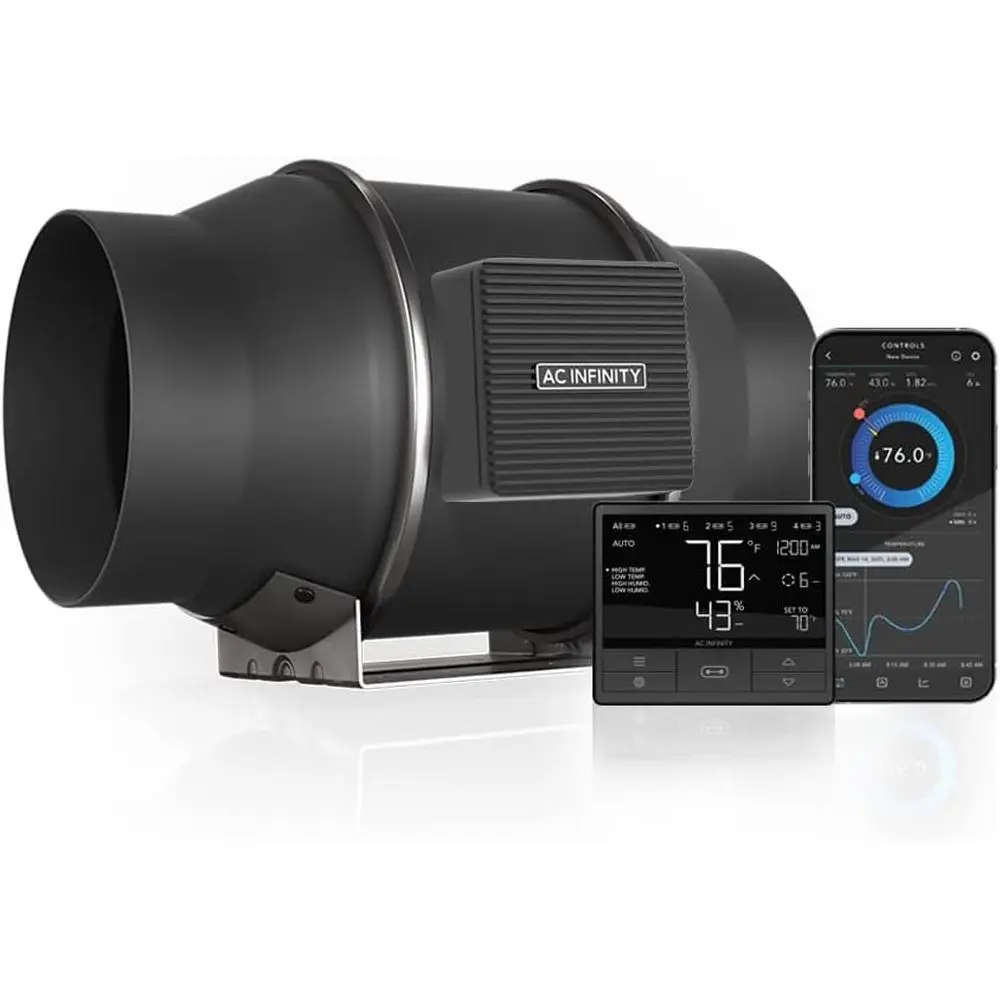 

6-дюймовый канальный вентилятор с контроллером температуры и влажности для вентиляции и контроля климата в гроубоксах и гидропонных системах