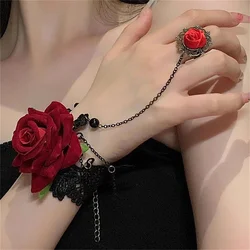 Bracciale a maniche finte in pizzo con volant rosa Polsini da polso Lolita staccabili Avvolgimento multistrato Fiore da polso con gioielli gotici di Halloween