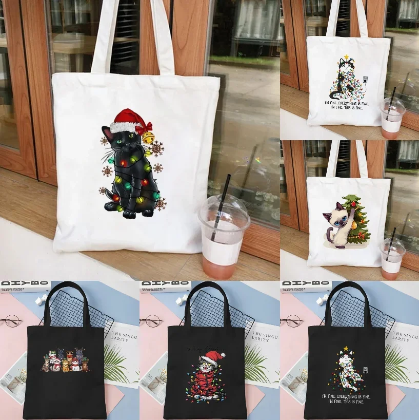 

Christmas Theme Cat Canvas Tote Bag for Women Handbag Fashion Xmas Party Vintage Y2K Aesthetics Tote Bag Female Shoulder Bag