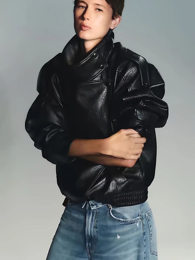 المرأة فضفاضة طويلة Sve السائق Jaet معطف جلد الخريف جديد Sle الوقوف طوق زر مزين فو الجلود السيدات ملابس خارجية