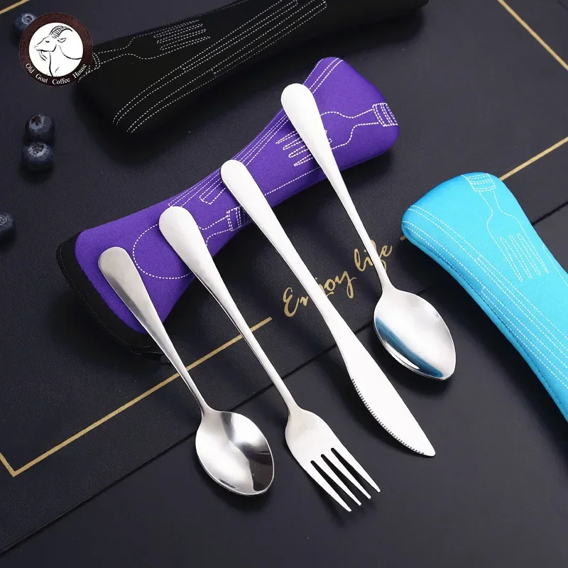 3Pcs/Set 4pcs/Set Dinnerware Portable Printed Stainless Steel Spoon Fork Steak Knife Set Travel Cutlery Tableware with Bag