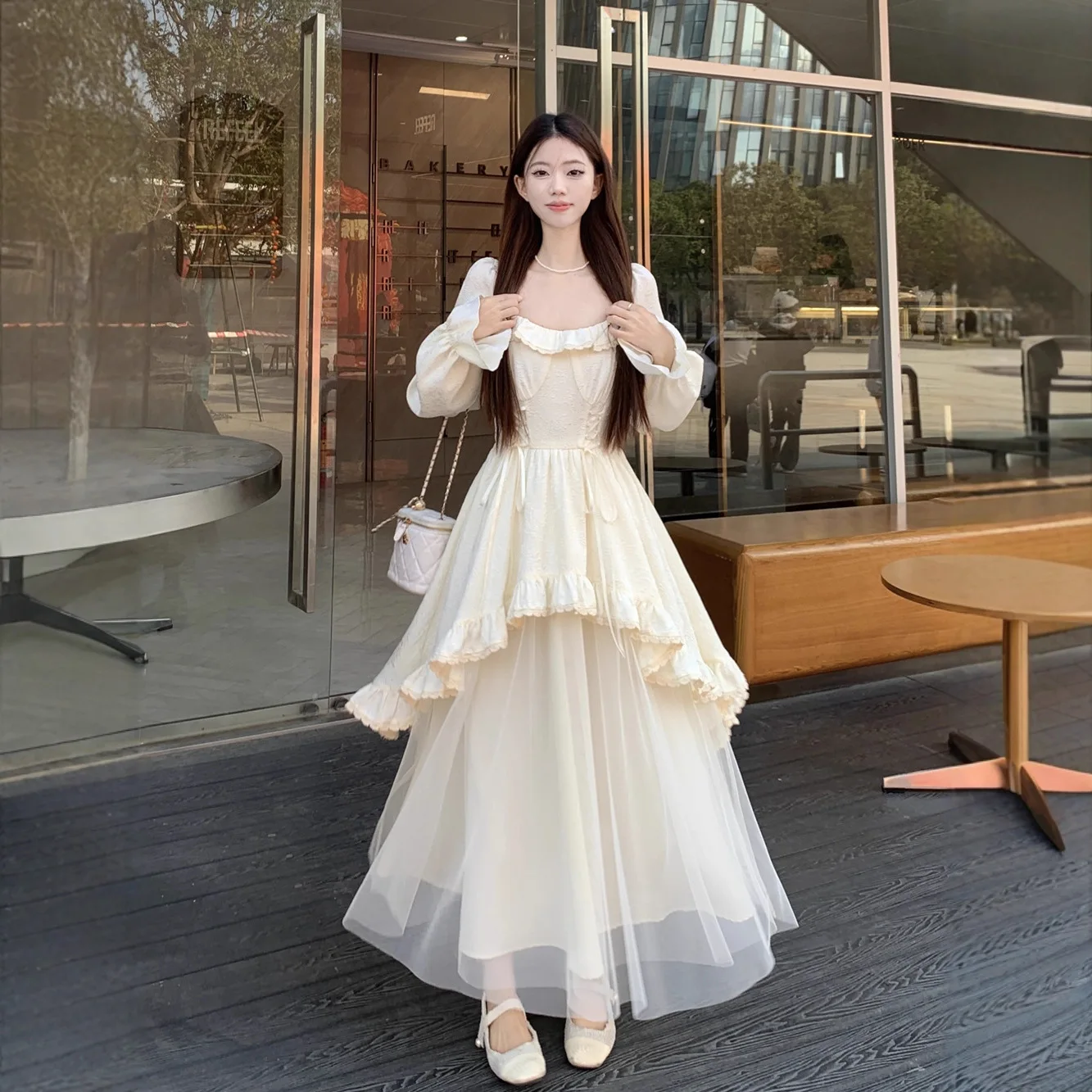 

Korean Version Lace Up Elegant Square Neck Dress for Women Spring New Women's Long Sleeved Irregular Skirt Fairy Dress Y2k