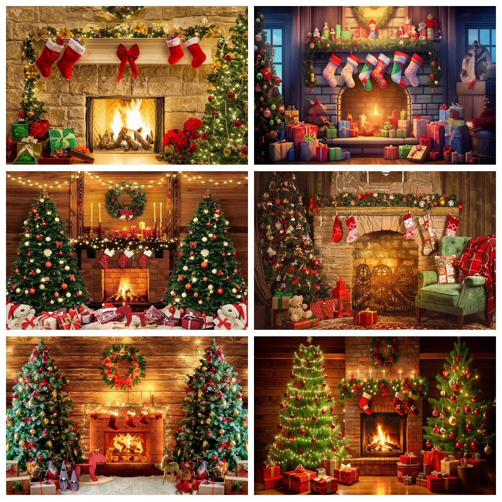 

Christmas Fireplace Backdrop for Photography Xmas Tree Window Xmas Santa Sock Gifts Baby Family Portrait Party Photo Background