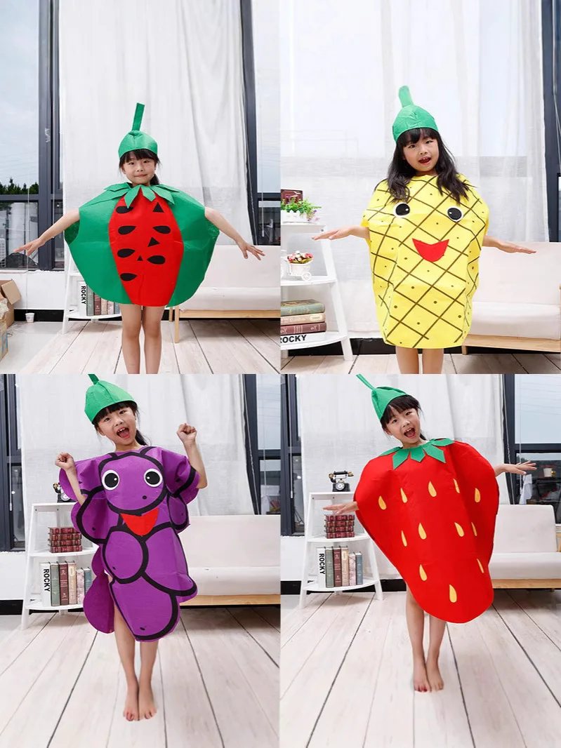 Enfant/adulte unisexe amusant Multi fruits légumes Costume Non-tissé matériel tissu tenues pour Cosplay danse fruits fantaisie robe de soirée