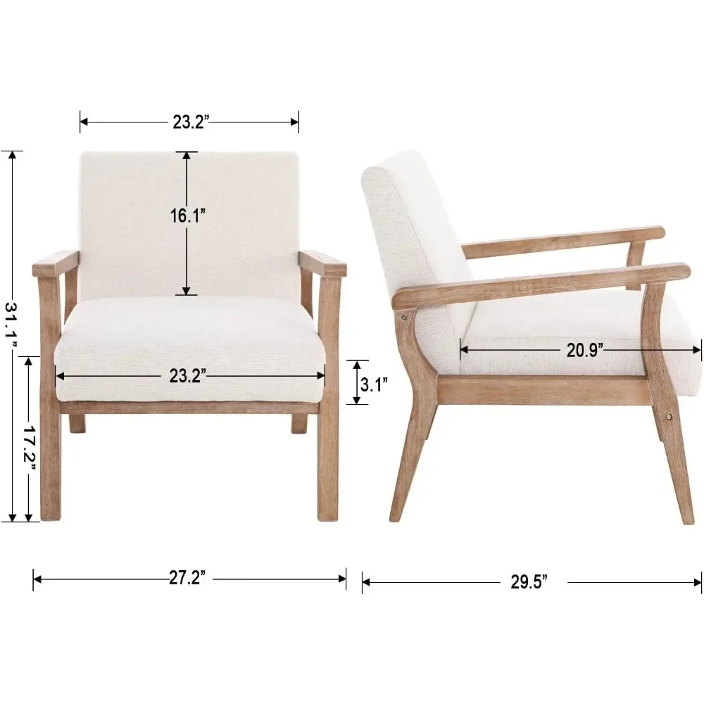 Living Room Chairs Set of 2, Linen Upholstered  Chair with Natural Wood Frame, Comfortable Farmhouse Accent Chair