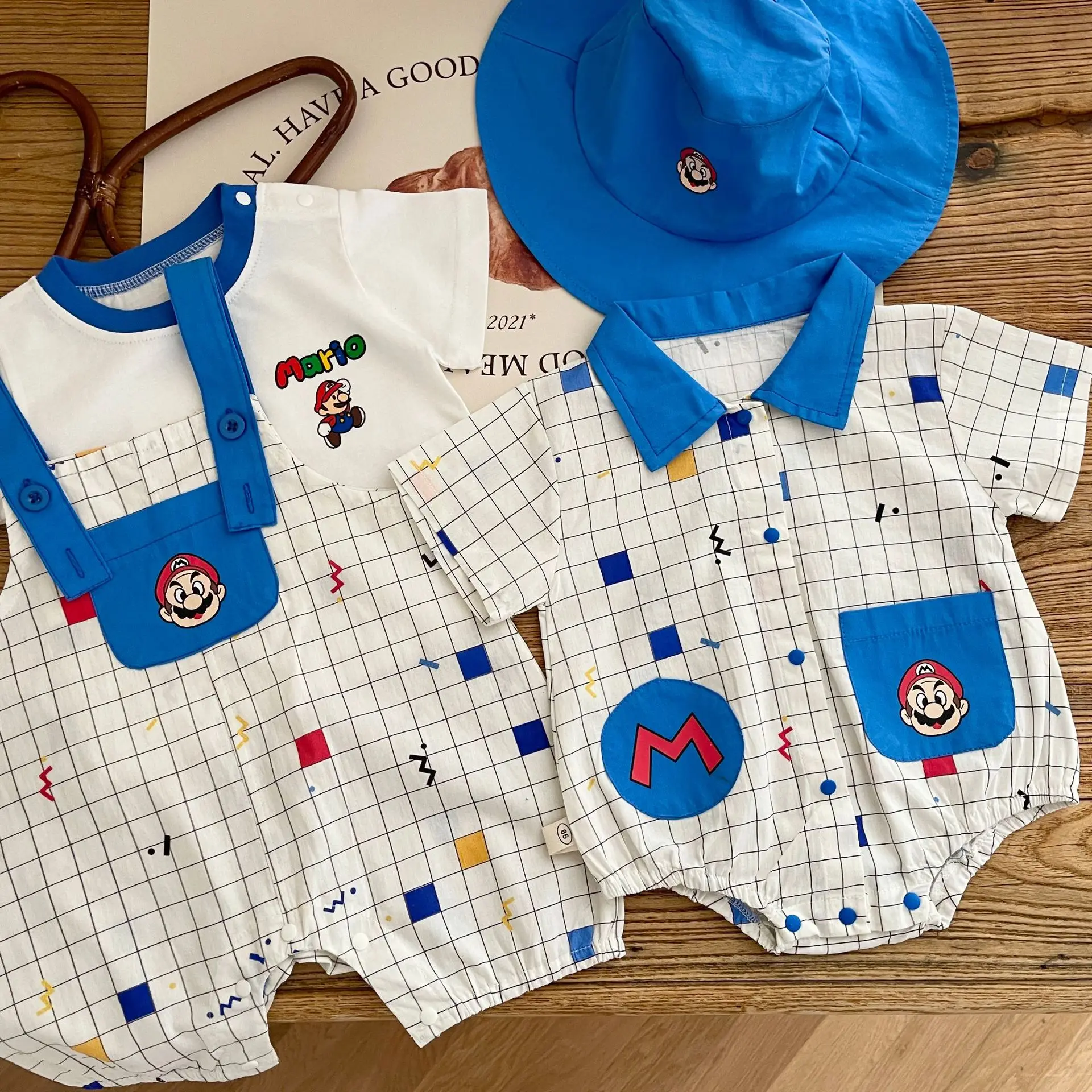 2023 summer new in newborn baby boys cartoon bodysuits short sleeve plaid overalls 98% cotton t-shirts infant kids clothes